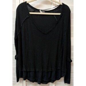 We The Free Black Waffle Knit Long Sleeve Top XS Womens Casual Layered Hem V-Nec